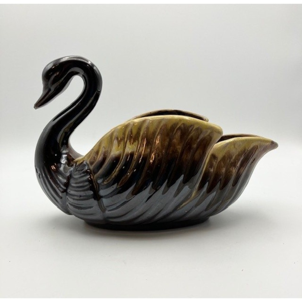 Vintage Swan Planter Brown &‎ Yellow Ceramic Planter Redware 5.25"x8"